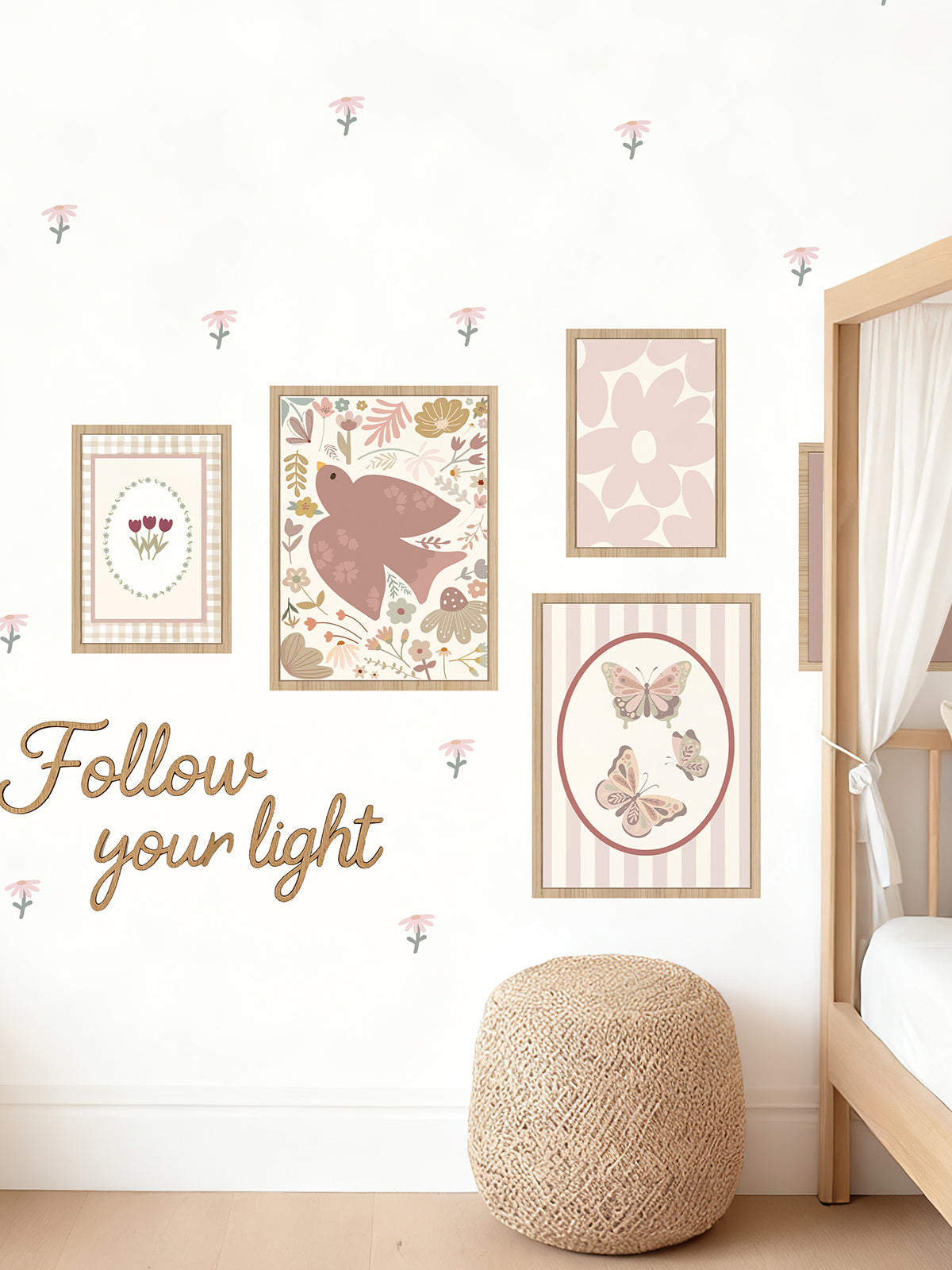 Pink Peel and Stick Wall Panel Set with Wooden Frames Wooden Letters and Floral Decals for Girls Room
