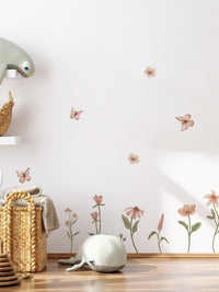 Children's Room Blush Pink Peel & Stick Wainscoting Sticker Kit Watercolor Wildflower Butterfly Wall Decals