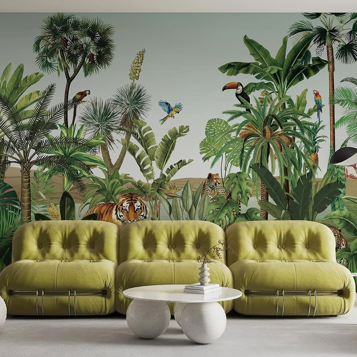 Fixed size：Animal Tiger in the Jungle Green Wallpaper Mural