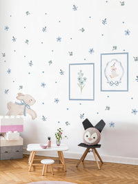 Blue Bunny Peel and Stick Wall Panel Decal Set with Floral Wall Stickers Wooden Frames and Wavy Trim for Nursery Baby Room