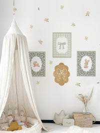 Sage Green Wall Panel and Floral Decal Set with Wooden Frames and Wavy Trim