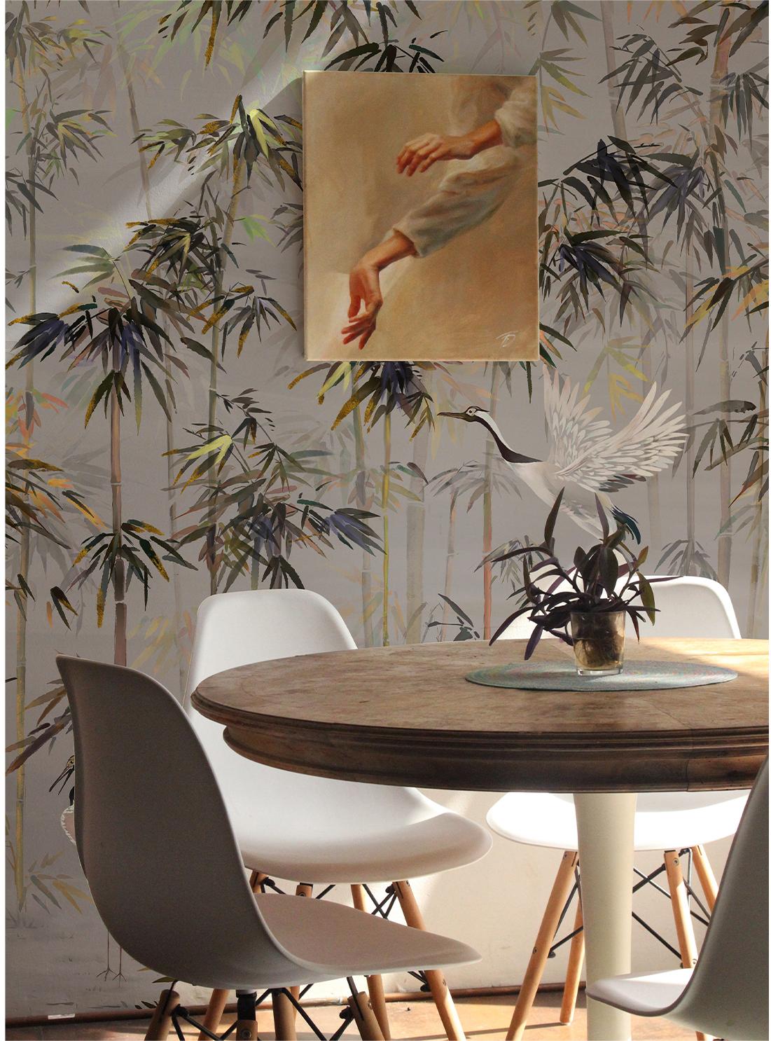 Chinoiserie Flying Cranes in Bamboo Forest Gray Mural