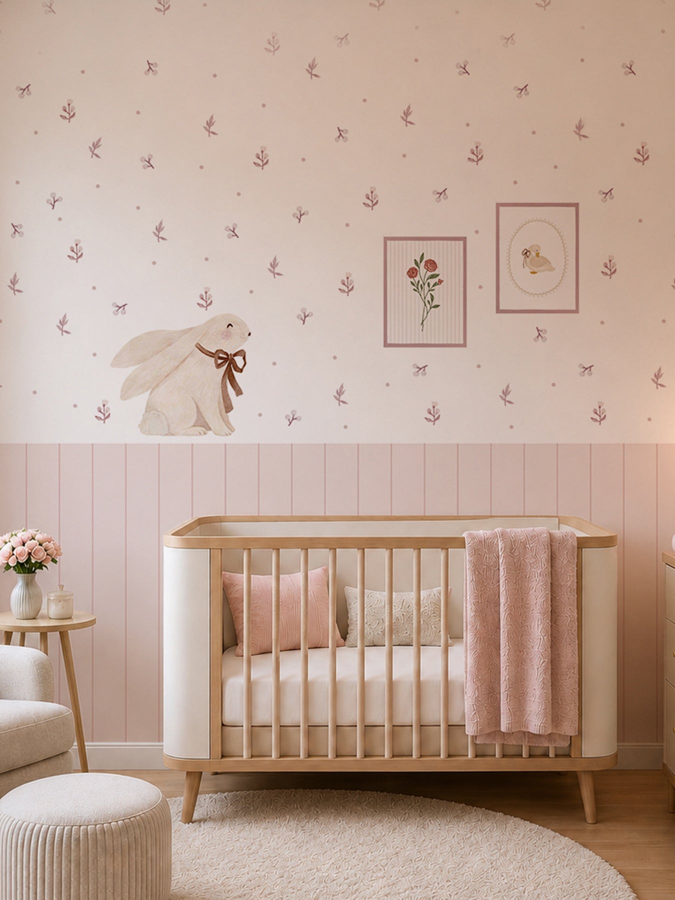 Bloom Light Pink Floral Nursery Wall Decals with Wainscoting Panels
