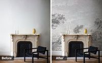 Vintage Susuno Jungle Gray Wallpaper Mural before and after, vintage engraving landscape wall mural for fireplace wall decor