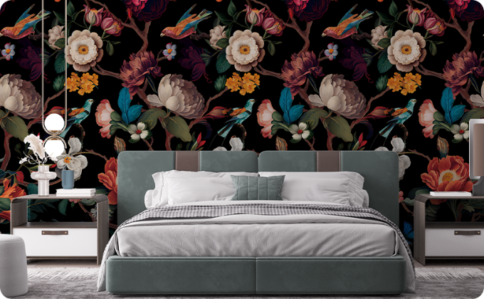 Fixed size：Vintage Black Floral Bird Wall Murals Peel and Stick Large Canvas