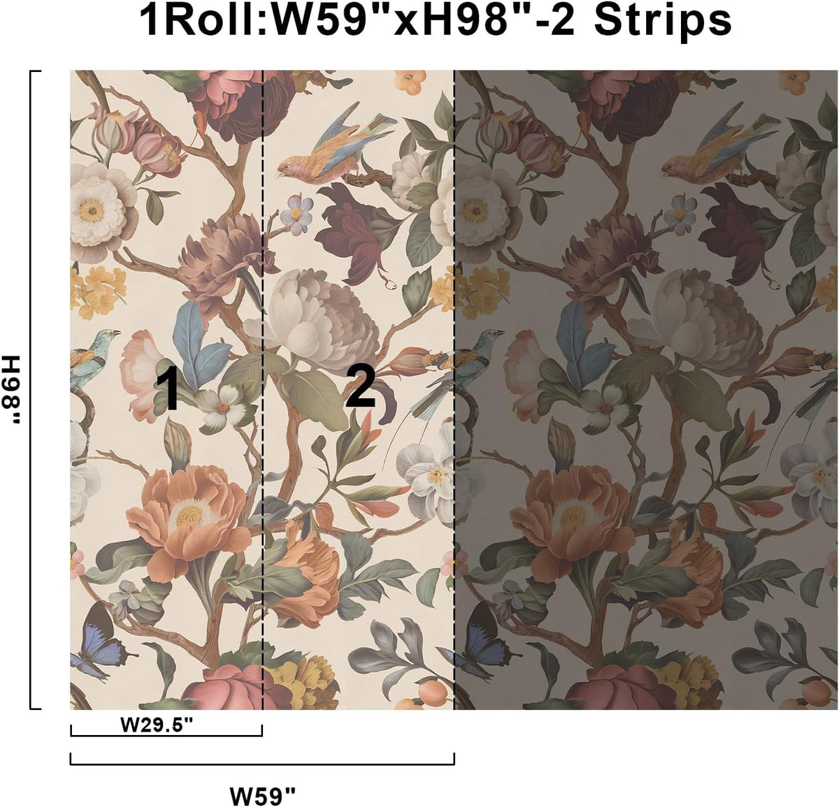 Fixed size：Vintage Yellow Floral Bird Wall Murals Peel and Stick Large Canvas