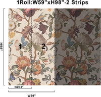 Fixed size：Vintage Yellow Floral Bird Wall Murals Peel and Stick Large Canvas