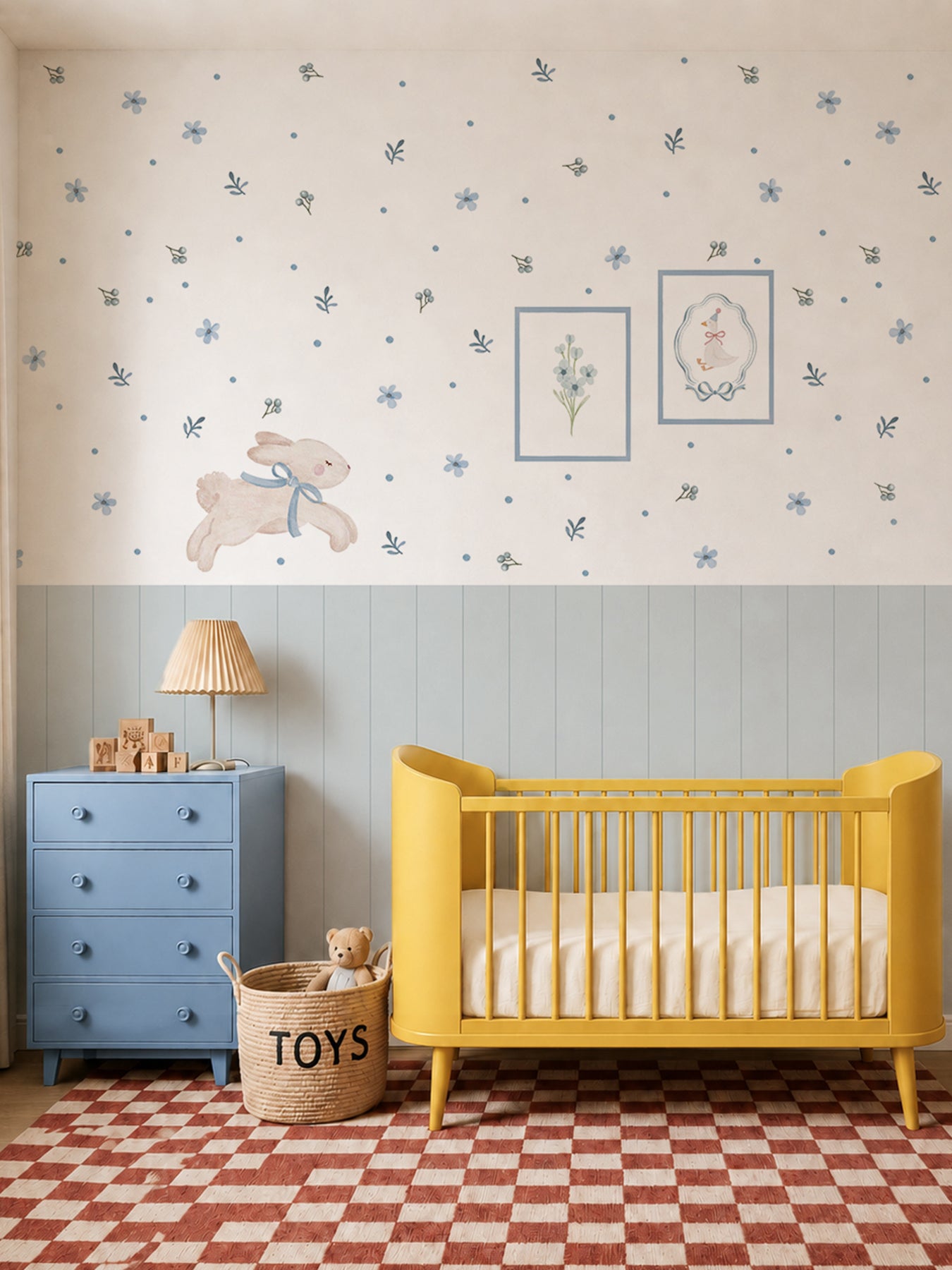 Blue Floral Bunny Nursery Wall Decals with Wainscoting Panels