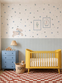 Blue Floral Bunny Nursery Wall Decals with Wainscoting Panels