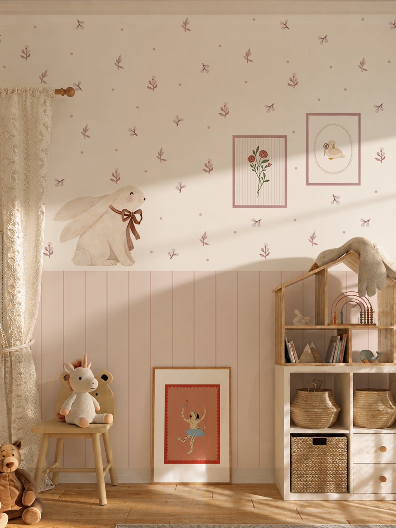 Bloom Light Pink Floral Nursery Wall Decals with Wainscoting Panels