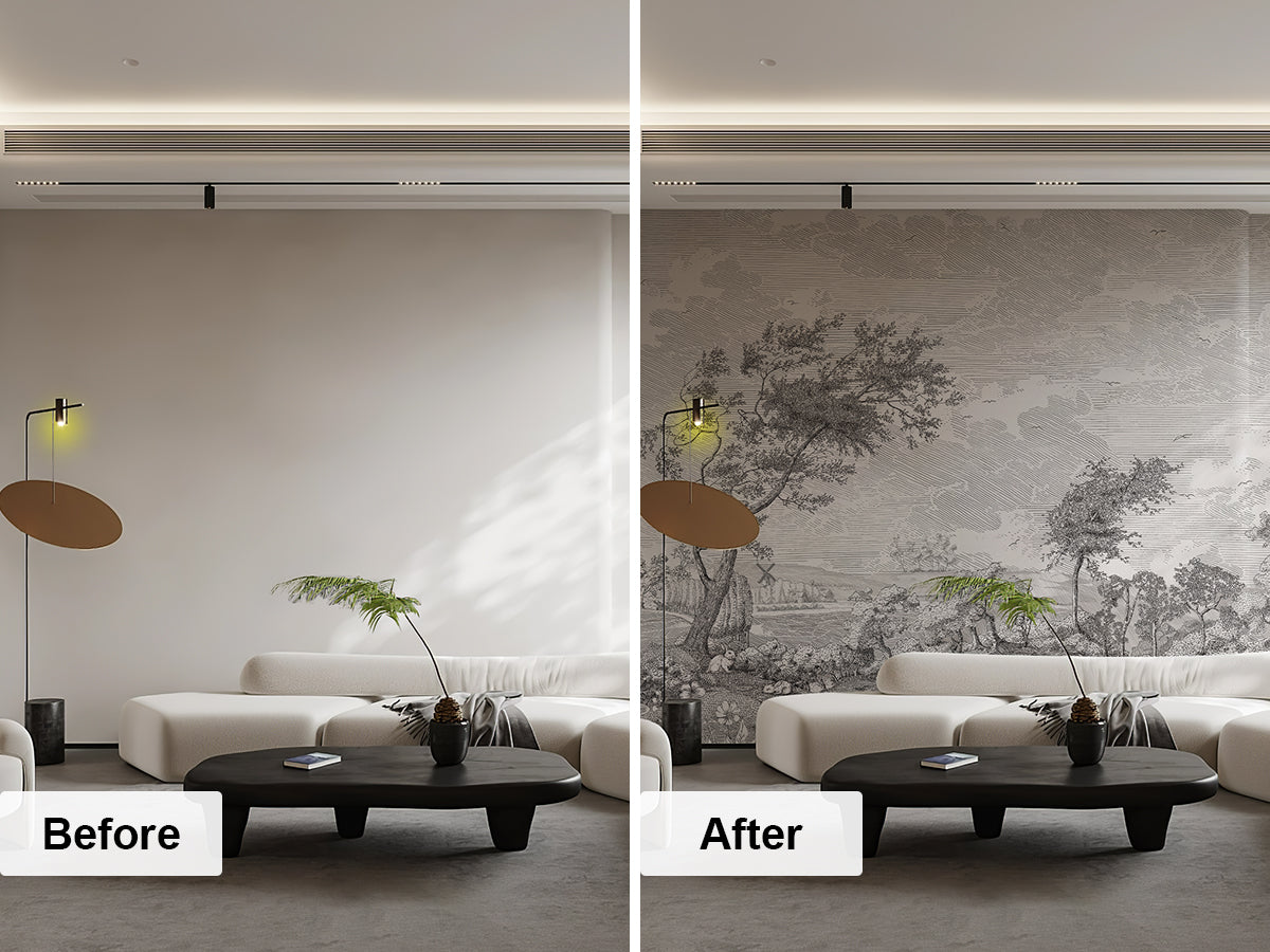 Vintage Susuno Jungle Gray Wallpaper Mural before after, grey scenic landscape wall mural for modern living room