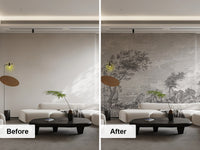 Vintage Susuno Jungle Gray Wallpaper Mural before after, grey scenic landscape wall mural for modern living room