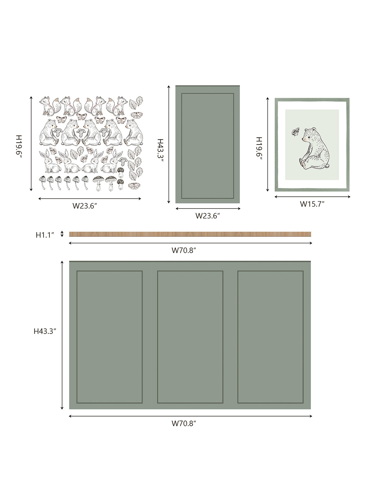 Children's Room Woodland Wall Decal Set Bear Bunny Fox Stickers Wainscoting-Style Panel Decals