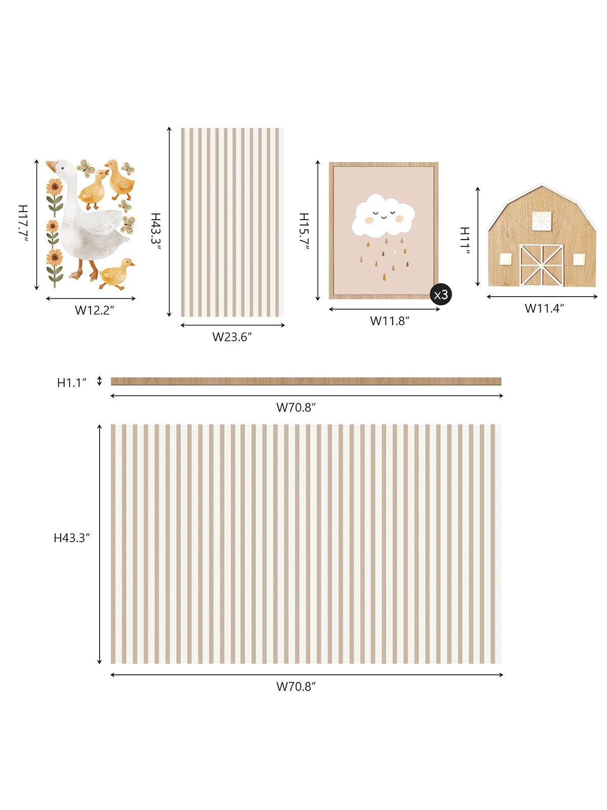 Children's room Farm Goose Wall Decal Set with Striped Wall Panels Peel & Stick Nursery Decor