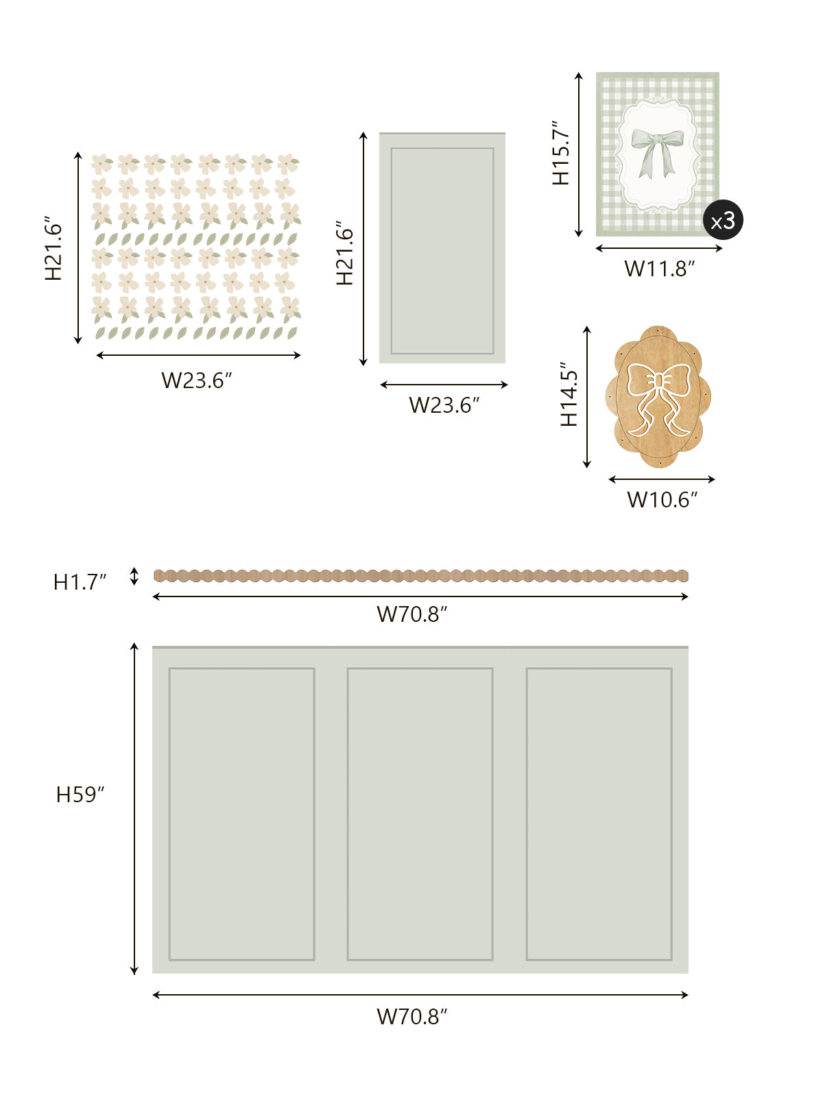 Sage Green Wall Panel and Floral Decal Set with Wooden Frames and Wavy Trim