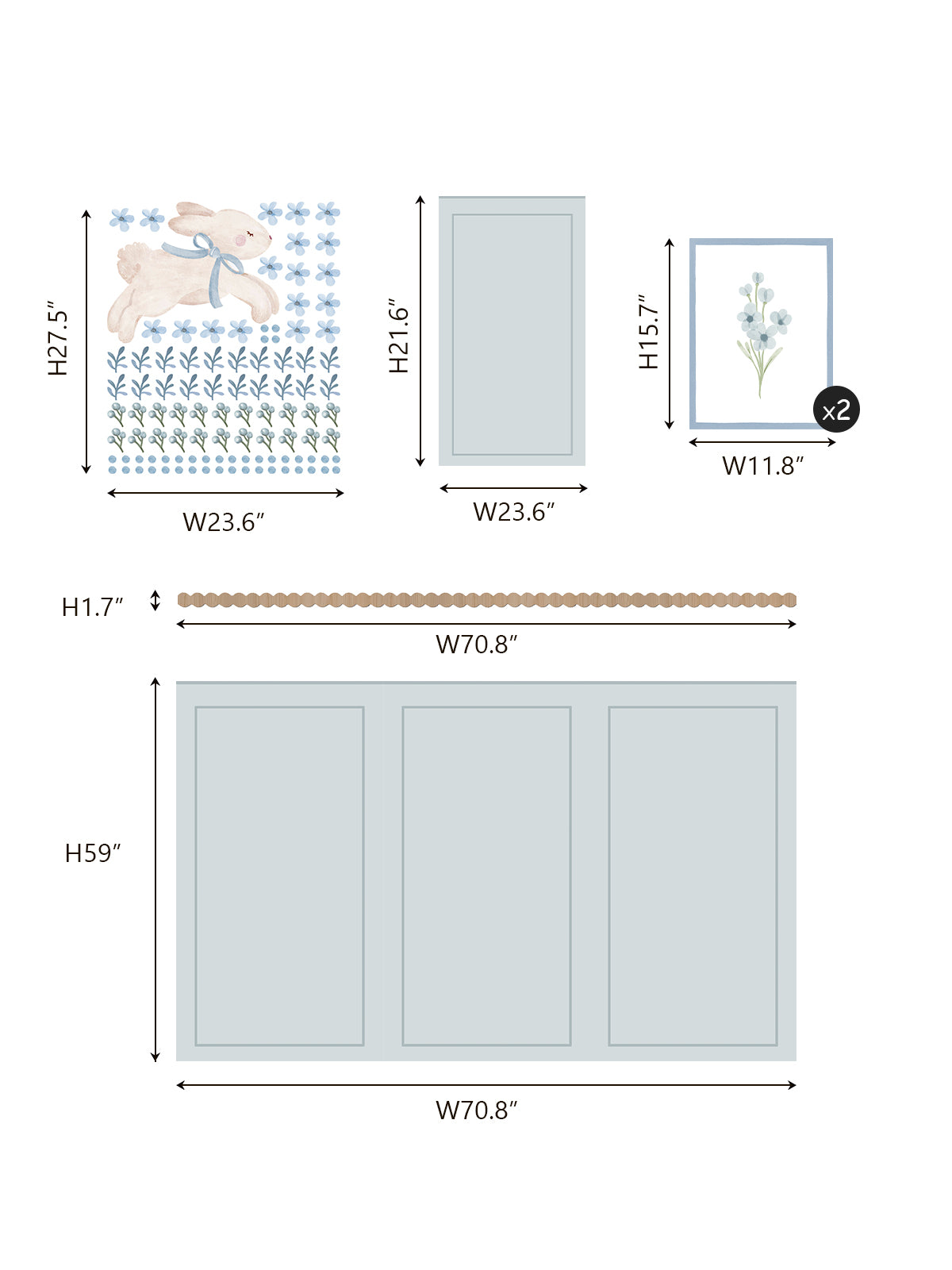 Blue Bunny Peel and Stick Wall Panel Decal Set with Floral Wall Stickers Wooden Frames and Wavy Trim for Nursery Baby Room