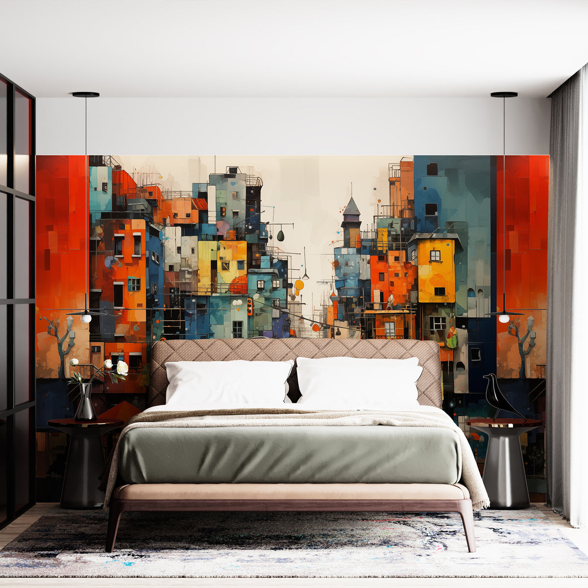 Abstract urban city wallpaper mural behind a modern bedroom bed