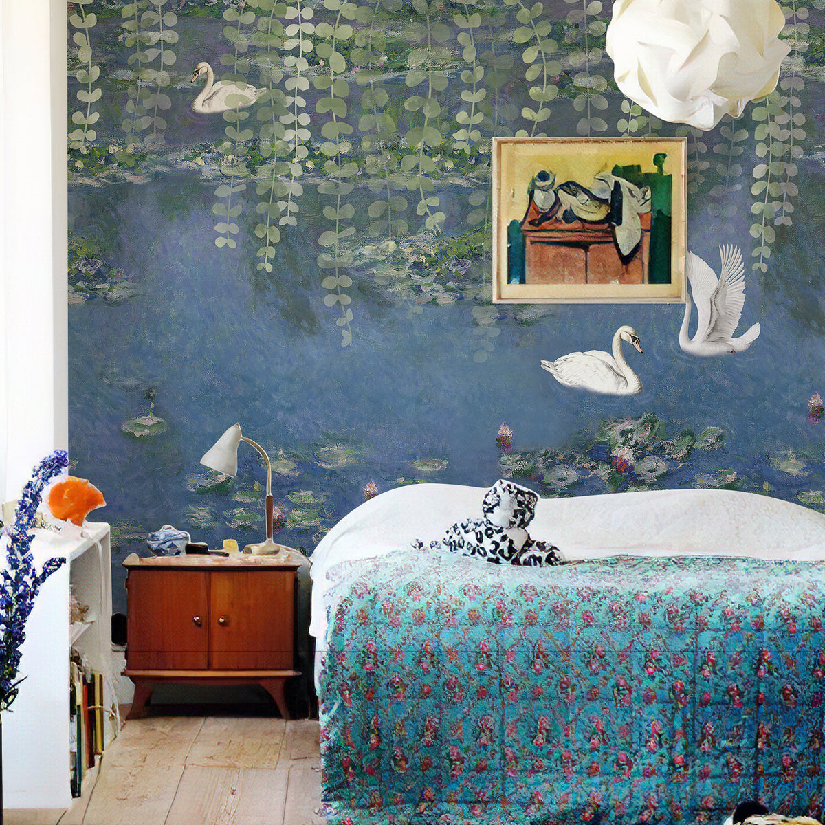 Blue botanical swan wall mural in a bedroom with a colorful floral bedspread