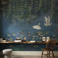 White swans and water lilies on a blue wallpaper mural behind a wooden desk