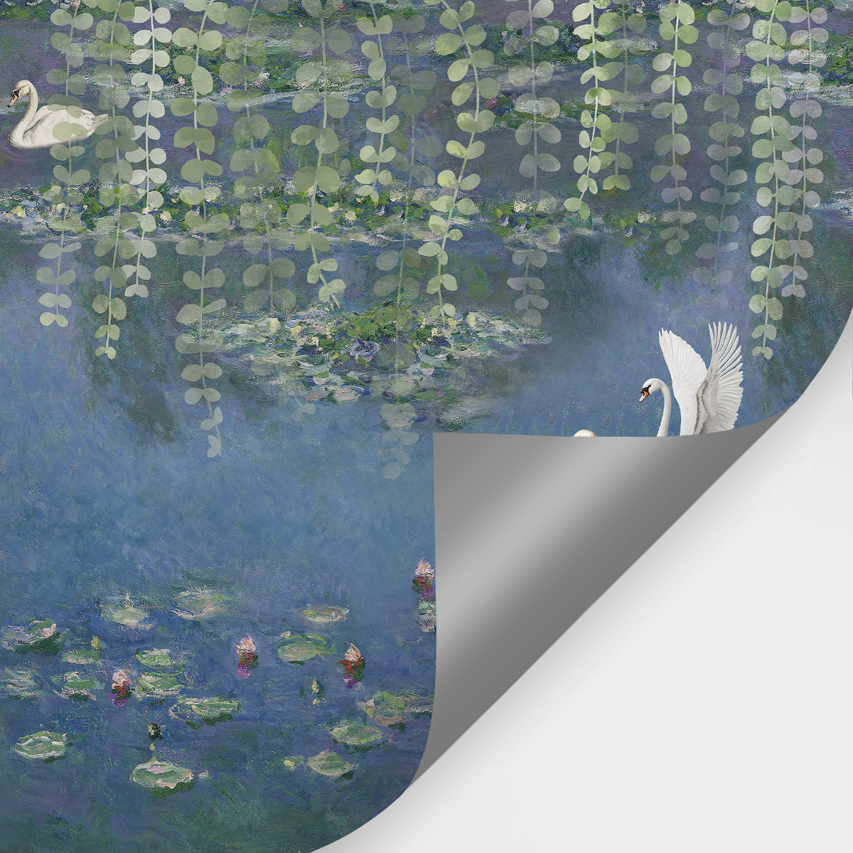 Swan and water lily pond mural with a curled corner revealing the backing
