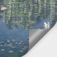 Swan and water lily pond mural with a curled corner revealing the backing