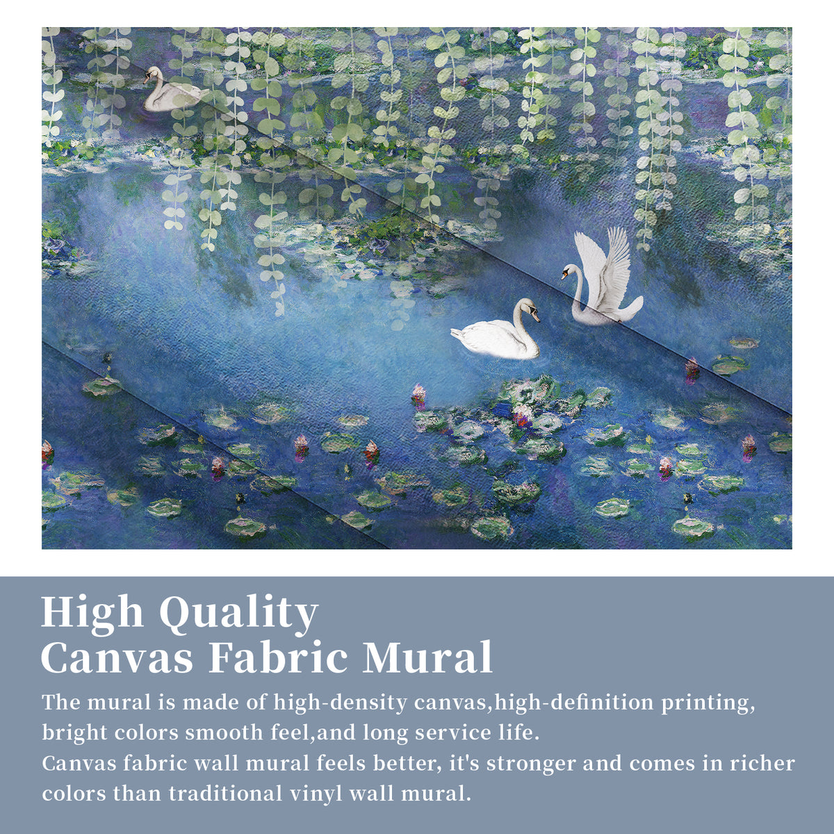 Canvas material information for the blue swan and water lily pond wallpaper mural