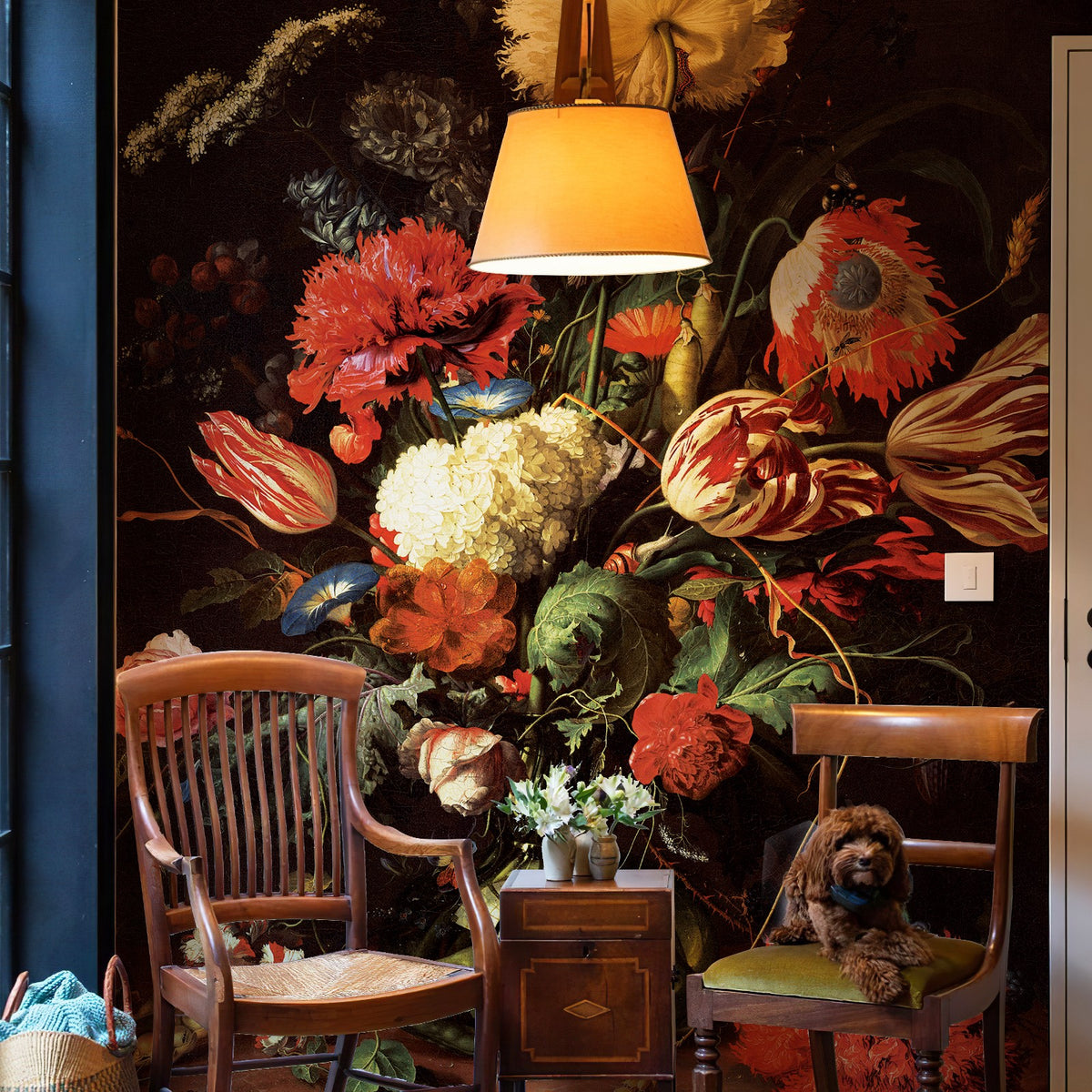 Baroque floral wall mural with red and ivory flowers in a vintage reading corner