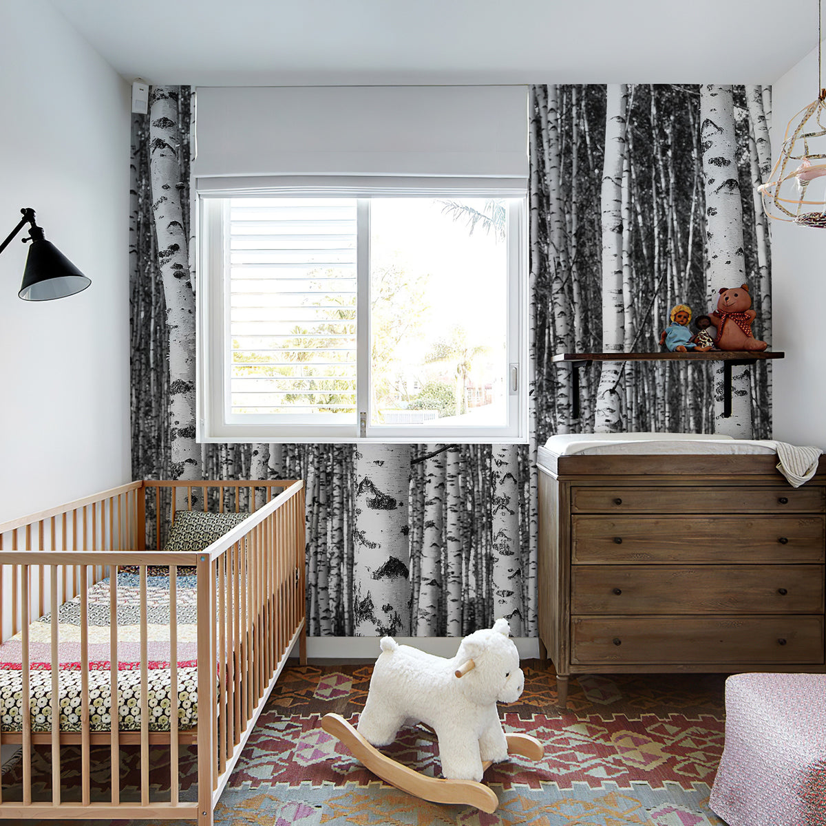 Birch tree forest wall mural decorating a modern neutral nursery