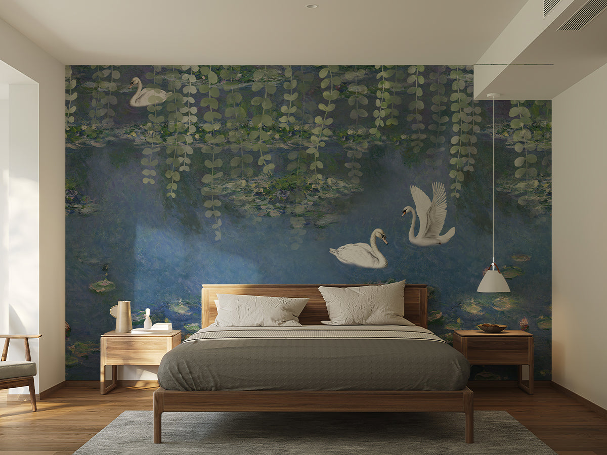 Blue swan pond wallpaper mural behind a modern wooden bed