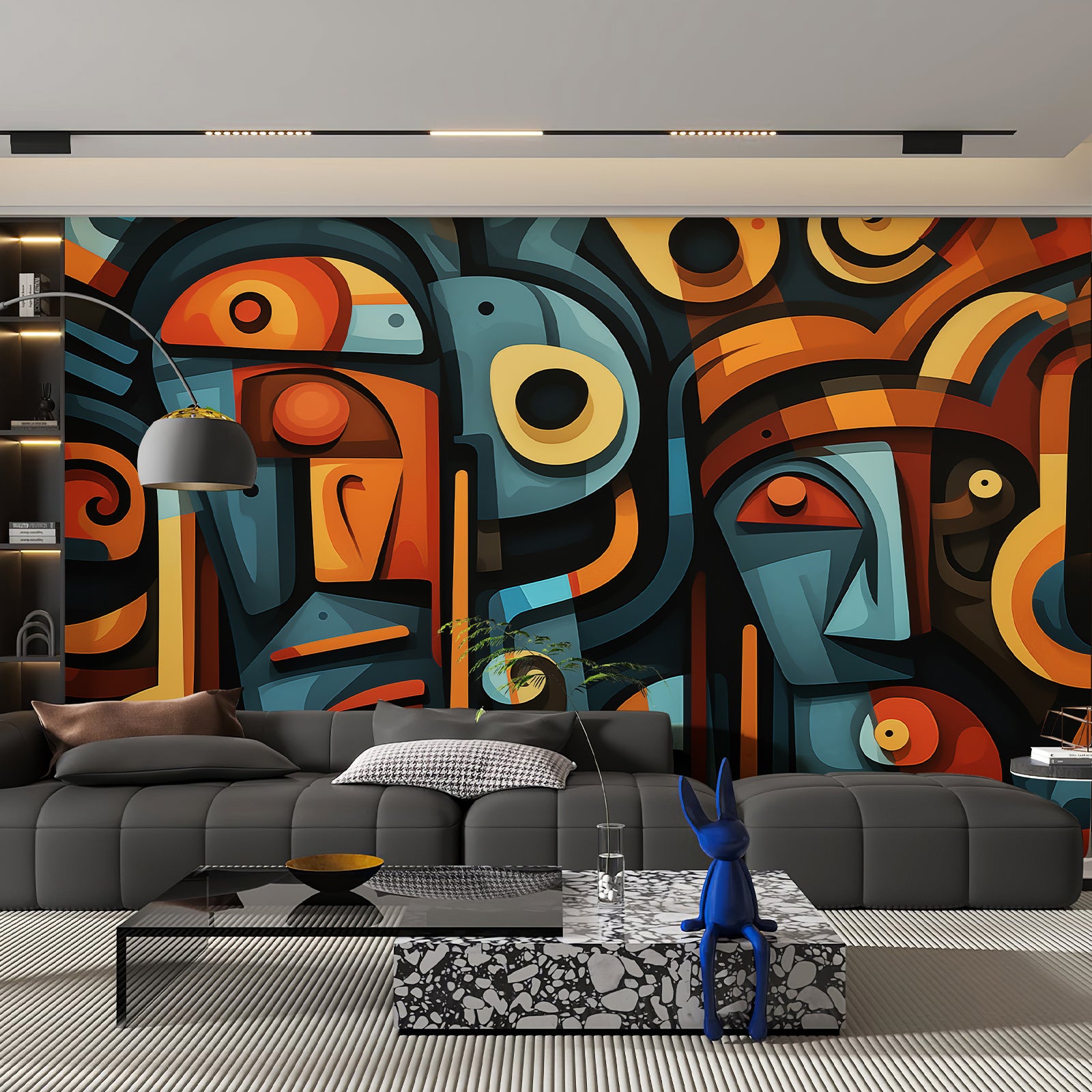 Bold colorful abstract wall mural in a contemporary dark living room