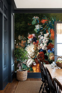 Classic floral wall mural decorating a small modern dining area