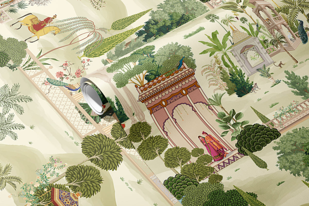 Close-up of Mughal garden wallpaper showing detailed palace architecture and botanical illustration