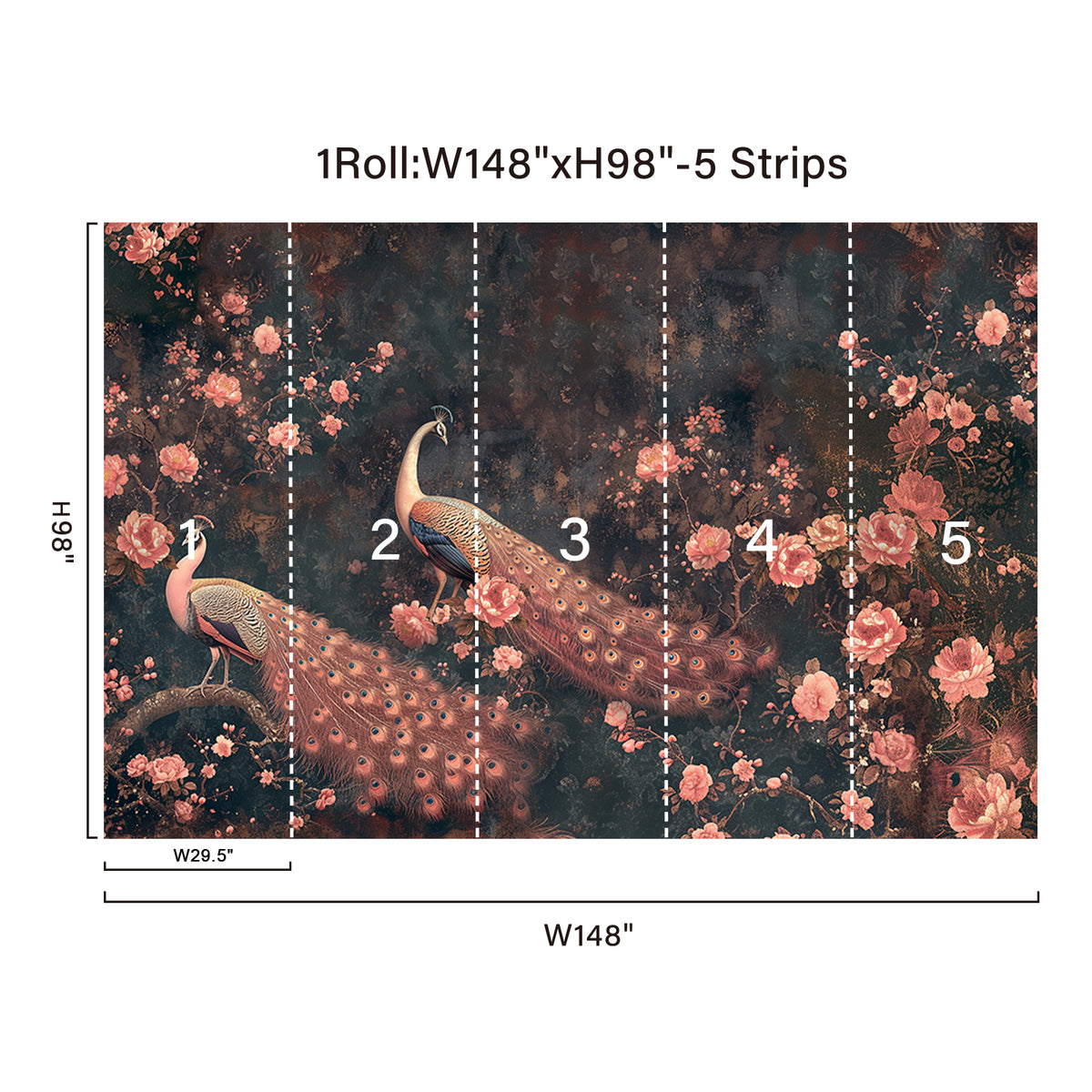 148 x 98 inch peacock floral wall mural size guide with five installation panels