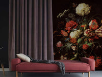 Dark botanical still life wall mural creating a dramatic lounge accent wall