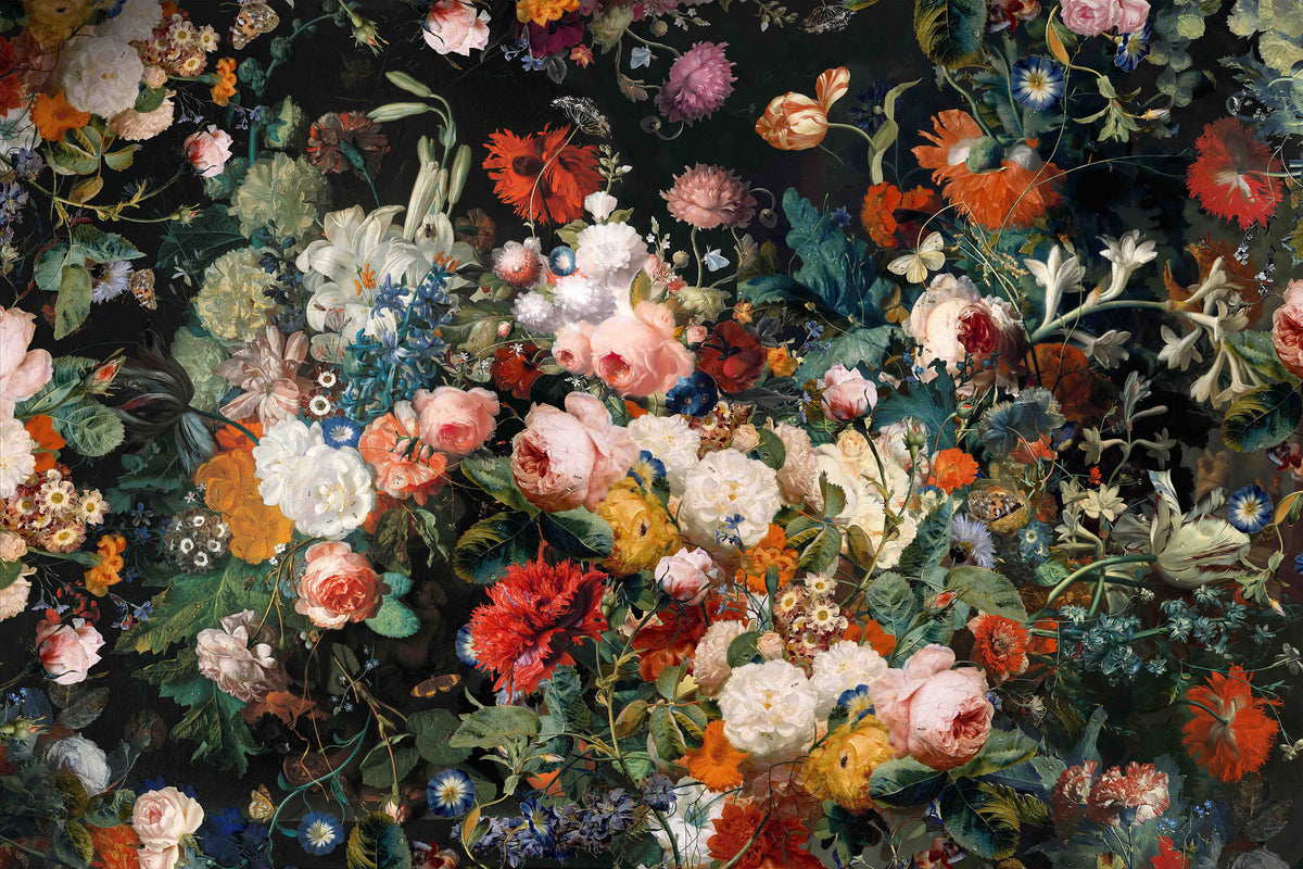 Dark floral botanical wall mural with roses, peonies, lilies and colorful flowers on black background