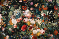 Dark floral botanical wall mural with roses, peonies, lilies and colorful flowers on black background
