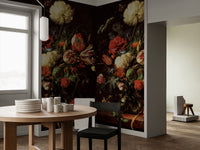 Dark floral wall mural with Dutch Masters inspired flowers in a modern dining room