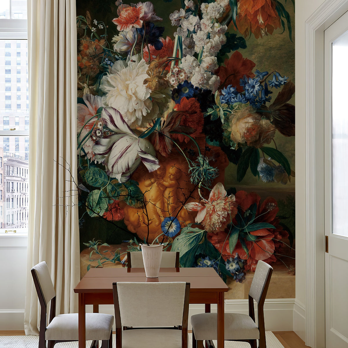 Dutch Masters inspired floral wall mural in a bright dining and kitchen space
