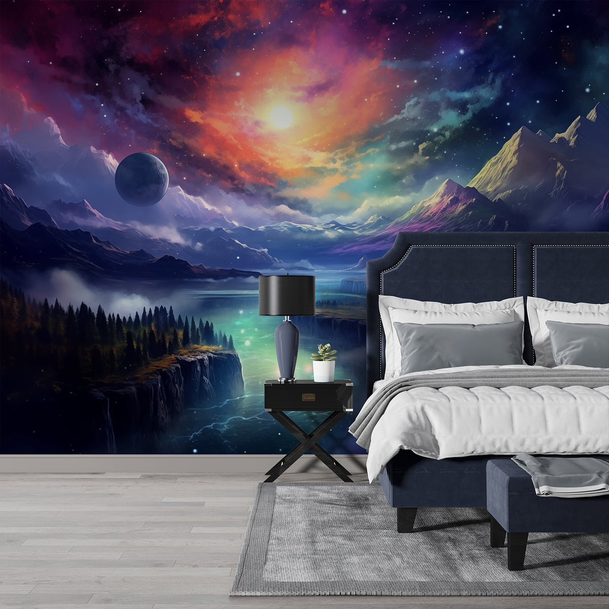 Colorful space landscape wallpaper mural with a starry sky behind a dark upholstered bed