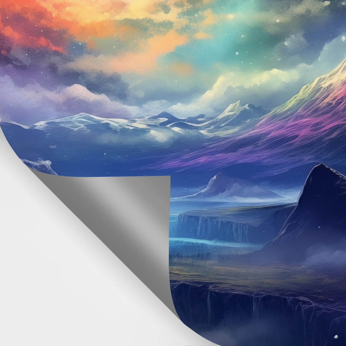 Colorful galaxy landscape wallpaper mural with a curled corner revealing the backing