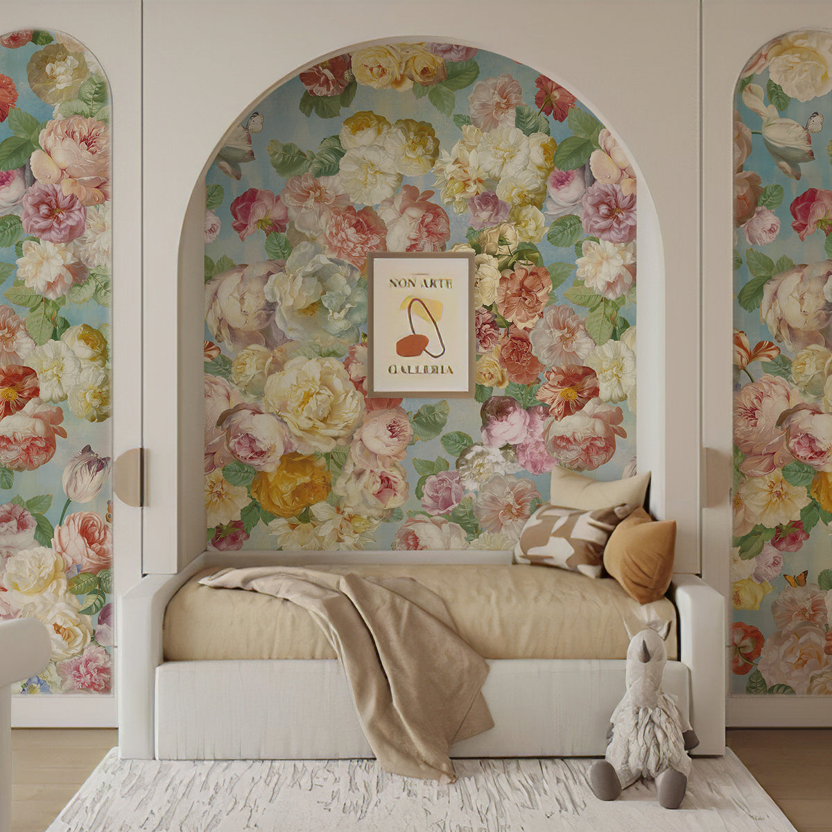 Vintage floral wallpaper mural framed by arched molding above a bed