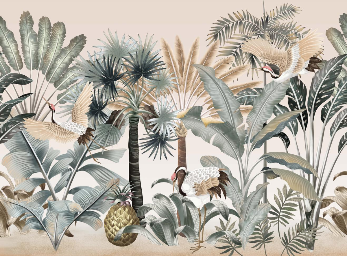 tropical jungle wall mural, crane wallpaper, botanical mural, vintage tropical mural, large wall art, nature scene wallpaper