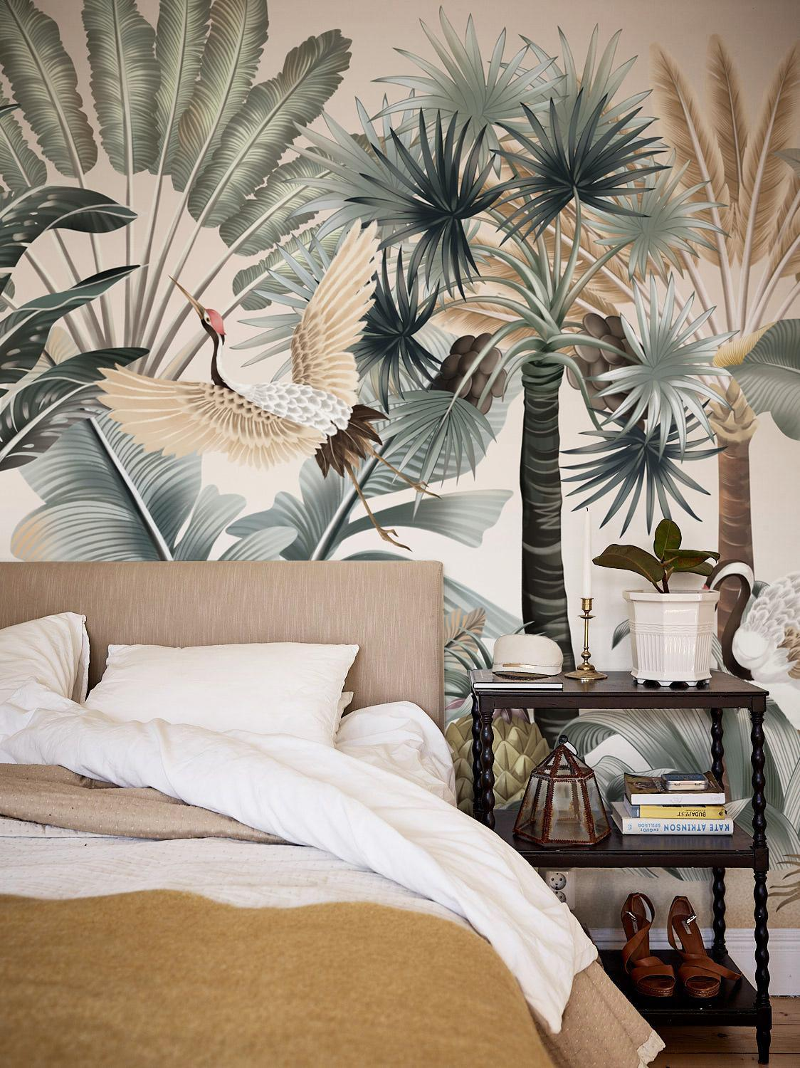 tropical jungle wall mural, crane wallpaper, botanical mural, bedroom, vintage tropical mural, large wall art, nature scene wallpaper
