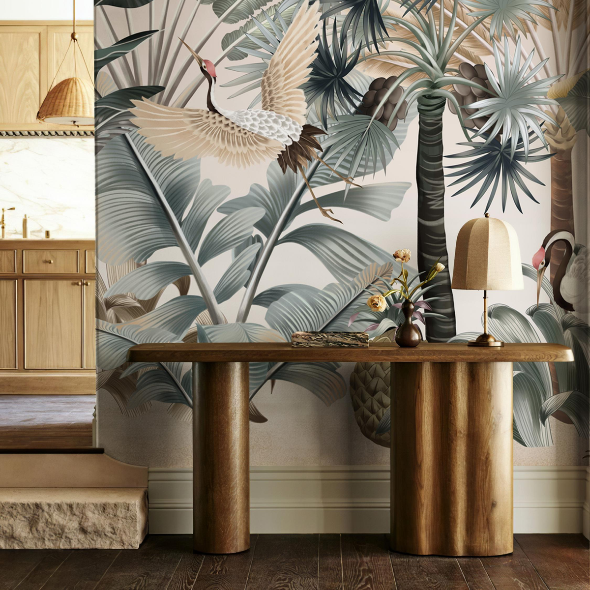 tropical jungle wall mural, crane wallpaper, botanical mural, entryway, vintage tropical mural, large wall art, nature scene wallpaper