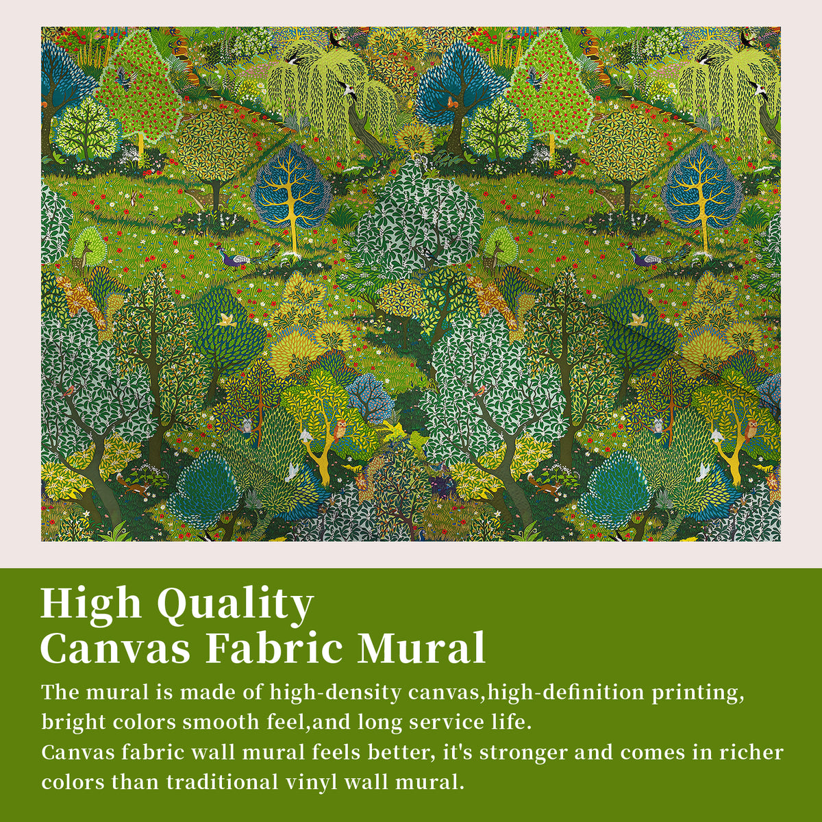 Canvas material information for the illustrated green woodland garden wallpaper mural