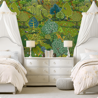 Green woodland wallpaper mural behind twin beds with white canopies