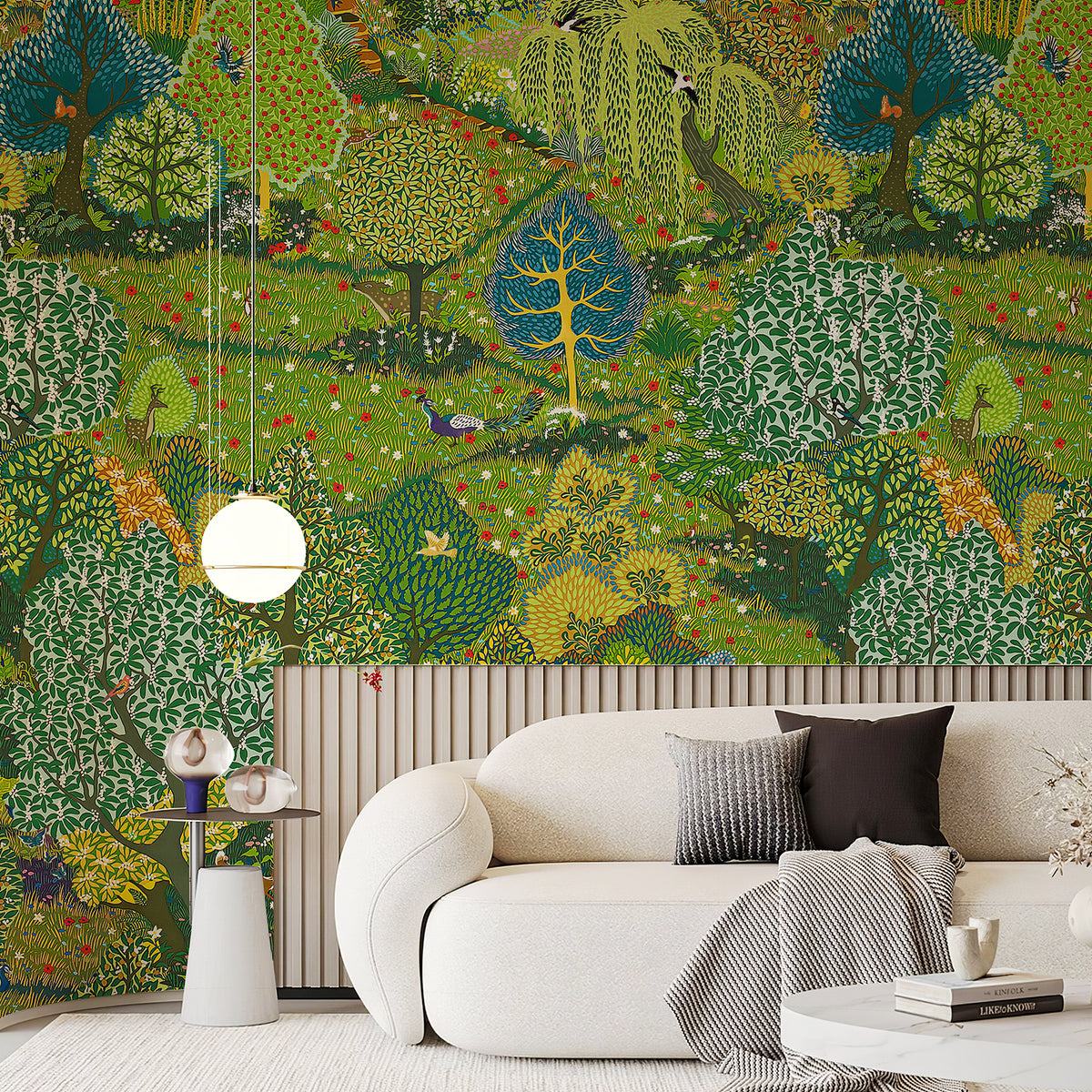 Detailed green forest wallpaper mural with patterned trees behind a cream curved sofa
