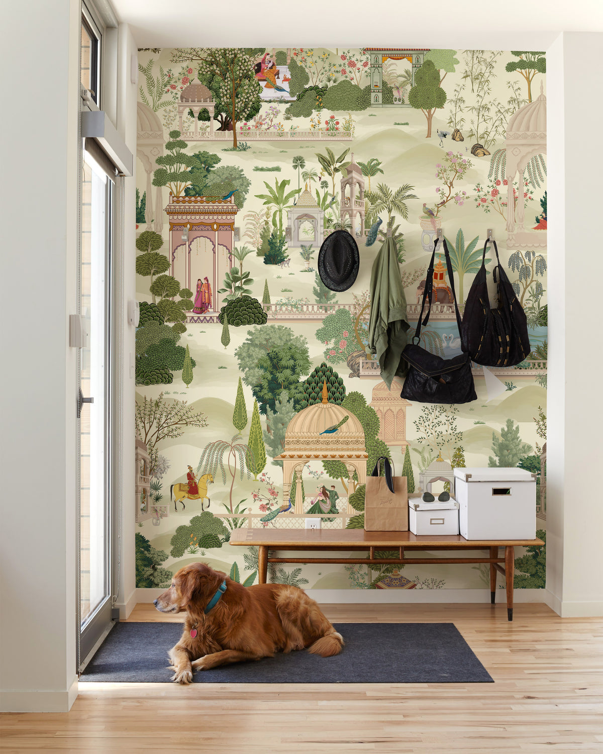 Indian garden scenic wallpaper in a bright bedroom with natural wood furniture