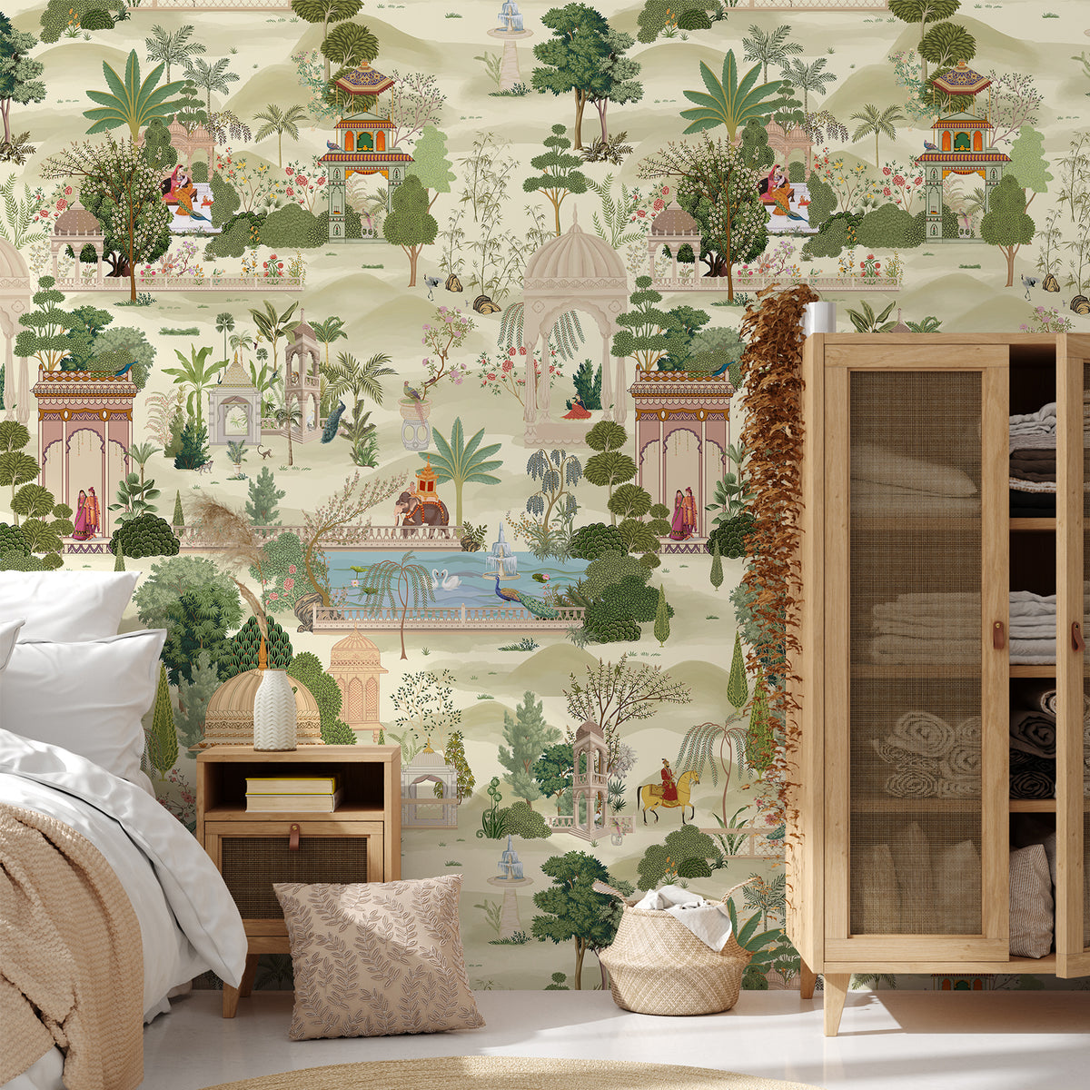 Indian garden scenic wallpaper in a bright bedroom with natural wood furniture
