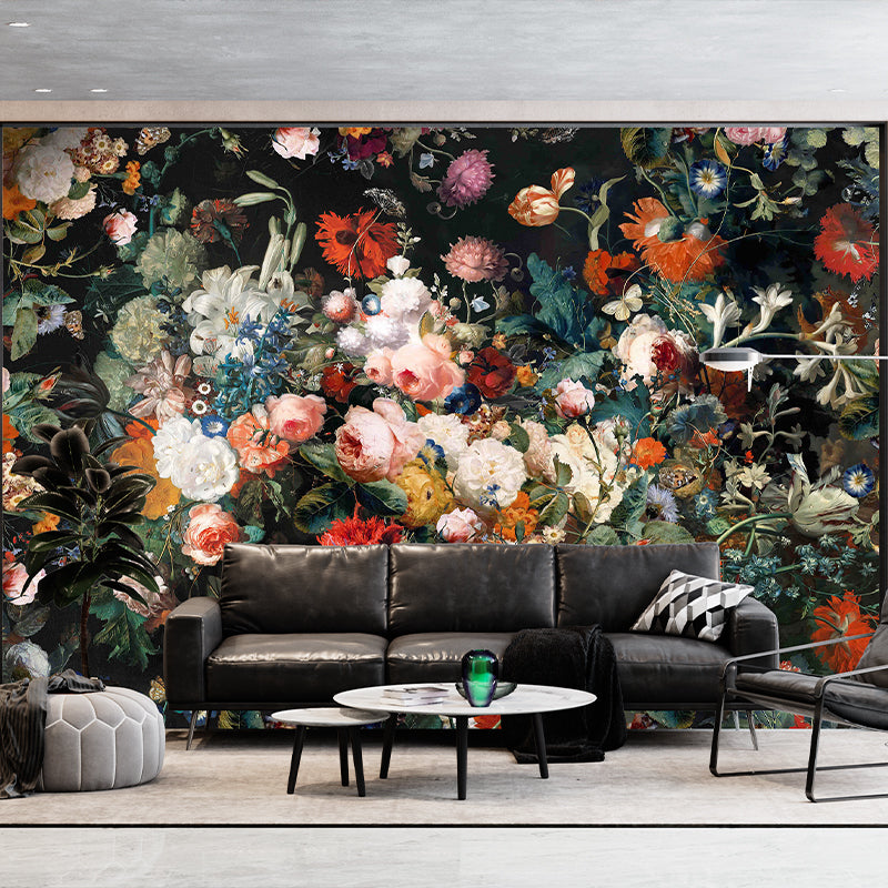 Luxury dark botanical floral mural creating an elegant statement wall in a modern living room